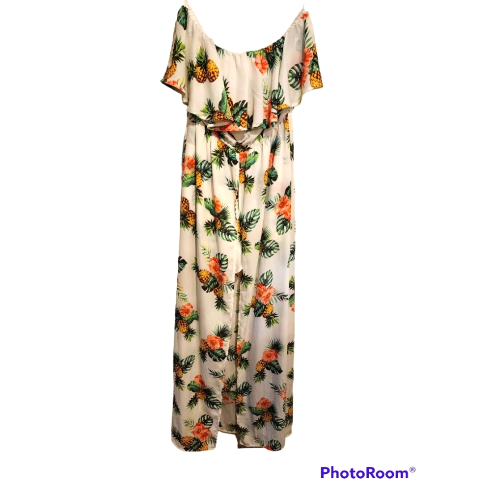Tropical Pineapple Print Strapless Maxi Romper 🌞